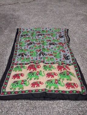 63x18"  Black Green Tan &  Red Silk Scarf .elephant Print